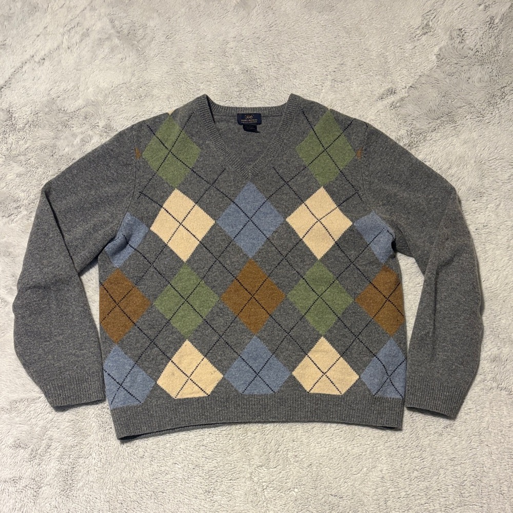 Brooks Brothers Lambswool Argyle Sweater V-Neck Grey Blue Academia Preppy Large‎